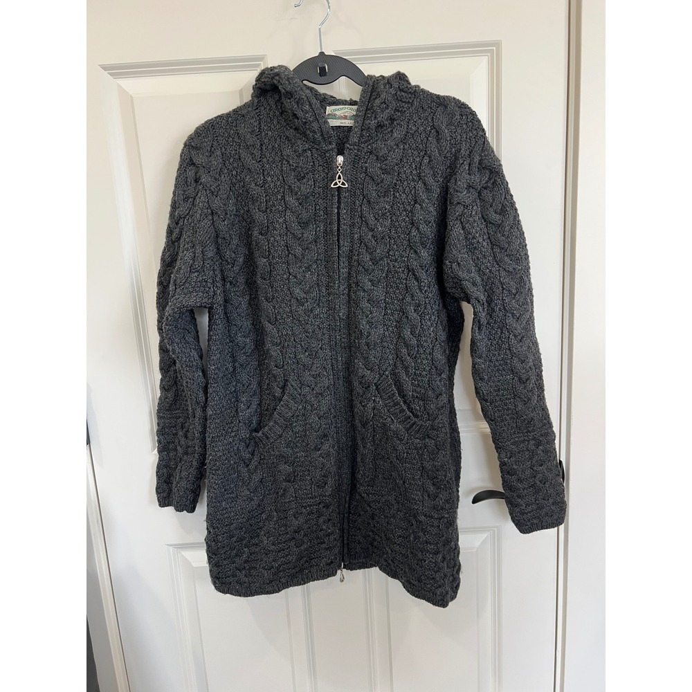 Aran Crafts Hooded Zipper Lulu Classic Coat Knit Merino Cardigan Sweater Gray M